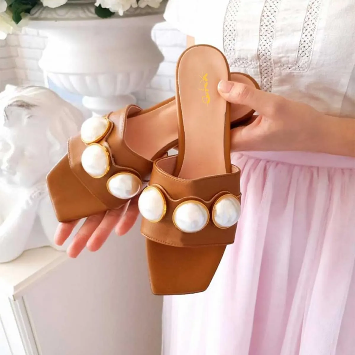 XYD Womens Square Open Toe Flat Beach Sandals Slip On Mule Slides Glossy Pearls Embellished Slipper Fashion Summer Dressy Shoes