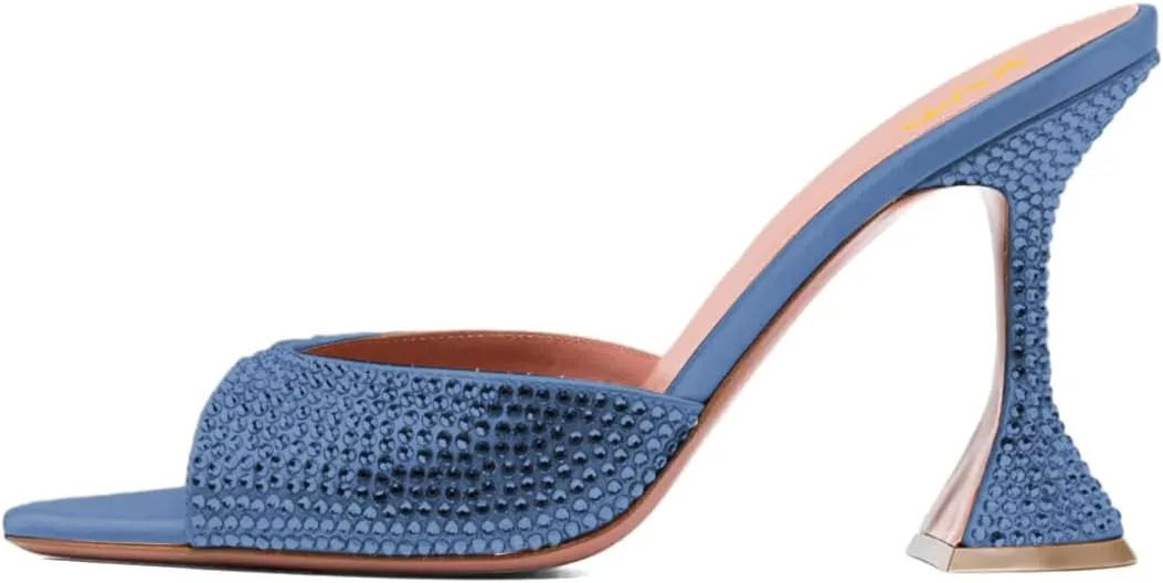 XYD Women's Summer Trendy Open Pointed Toe High Heel Mules Slip-ons Crystal Sparkle Rhinestone Studs Sandals Evening Wedding Party Shoes