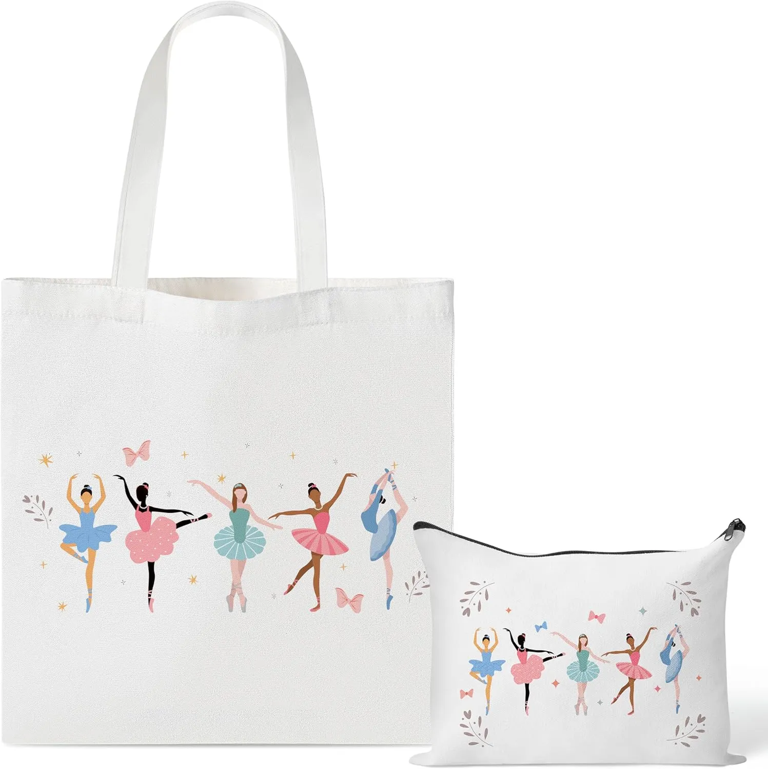 Y1tvei Ballerina Canvas Tote Bag - 2Pcs Ballerina Watercolor Print Makeup Bag Set, Cute Ballet Dancing Girl Canvas Tote Bag, Reusable Grocery Shopping Bag, Dance Recital Gifts for Ballerina Women