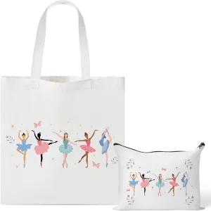 Y1tvei Ballerina Canvas Tote Bag - 2Pcs Ballerina Watercolor Print Makeup Bag Set, Cute Ballet Dancing Girl Canvas Tote Bag, Reusable Grocery Shopping Bag, Dance Recital Gifts for Ballerina Women