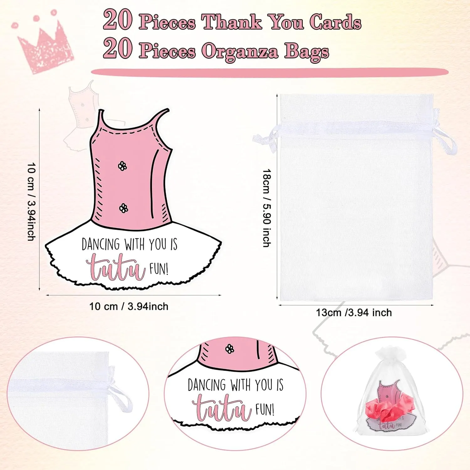 Yinkin 20 Set Ballerina Party Favors for Guests Soft Elastic Hair Ties Hair Scrunchies Ballet Tutu Funny Thank You Cards Organza Bag Dance Recital Gift for Girls Ballerina Birthday Party Decorations