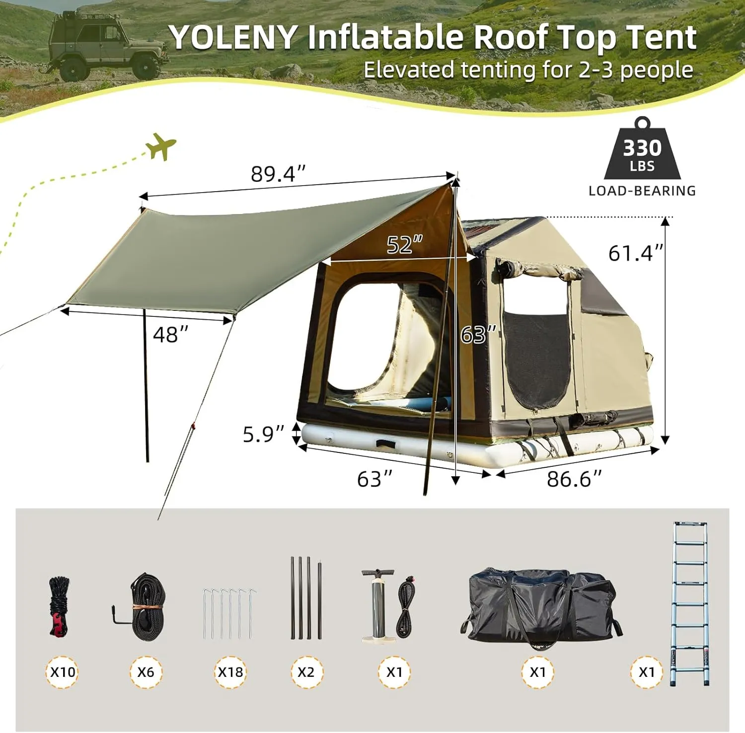 YOLENY Inflatable Tents for Camping, 4/6/8/10/12 Person Tent with TPU Skylight, Mesh Windows, Stove Jack & Pump, Easy Setup 4 Season Glamping Tent, Waterproof & Windproof