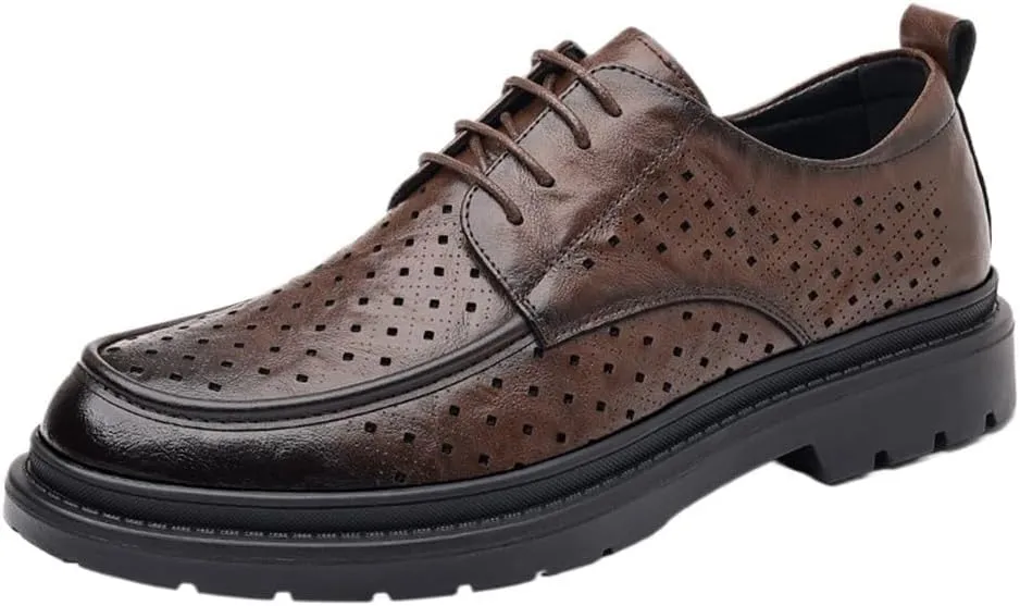 YZABEL Men's Patent Leather Platform Formal Oxford Shoes, Round Toe Lace Up Breathable Hollow Business Casual Shoes, Lightweight Comfortable for Daily Commuting Activity