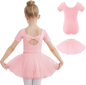 Zaclotre Girls Ballet Leotards Short Sleeve Bow Back Tutu Ballerina Costume Toddler Dance Dress Outfit Combo