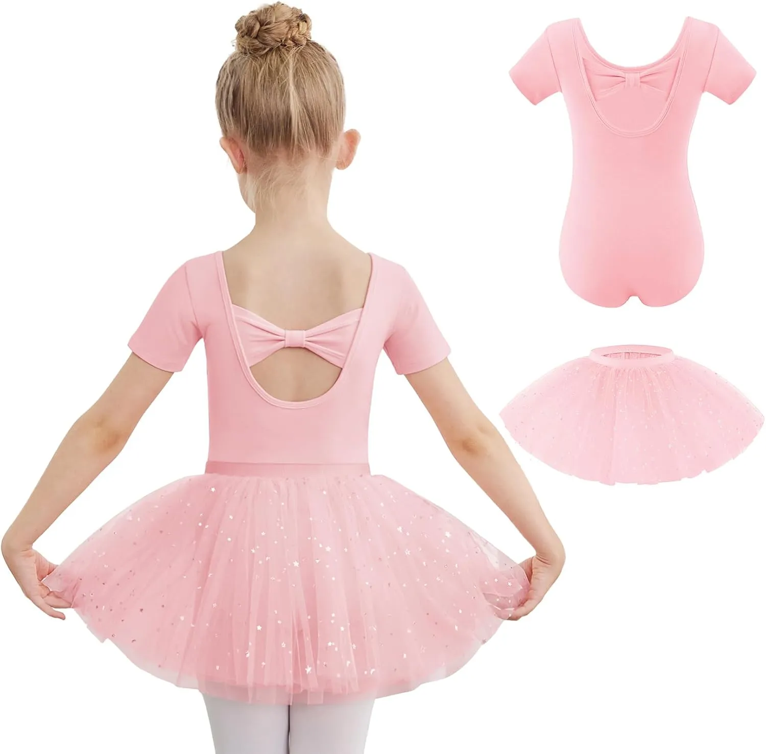 Zaclotre Girls Ballet Leotards Short Sleeve Bow Back Tutu Ballerina Costume Toddler Dance Dress Outfit Combo