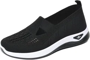 ZWRXW Orthopedic Flats for Women Lightweight Comfortable Arch Support Sneaker Breathable Knitted Soft Non-Slip Mesh Up Footwear Woven Work Walking Shoe