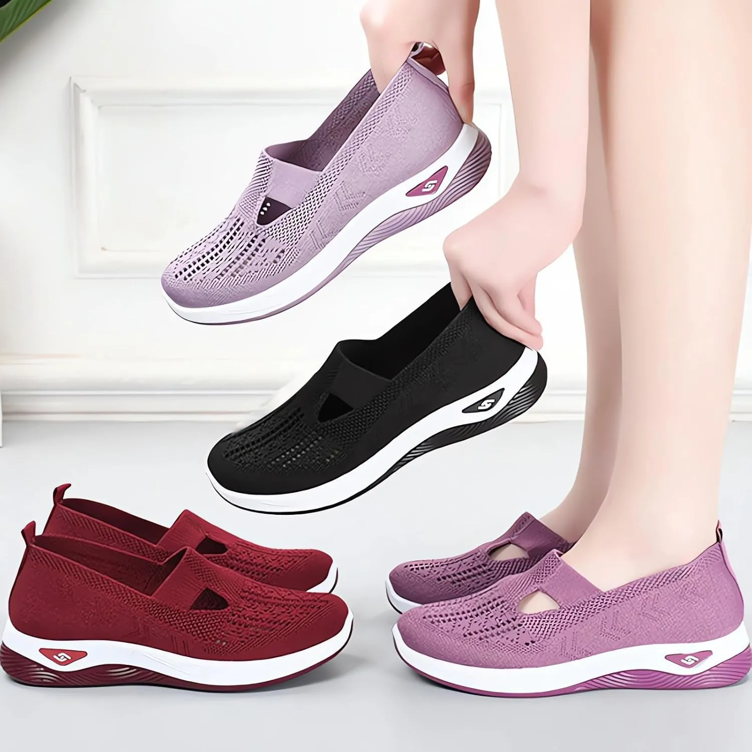 ZWRXW Orthopedic Flats for Women Lightweight Comfortable Arch Support Sneaker Breathable Knitted Soft Non-Slip Mesh Up Footwear Woven Work Walking Shoe